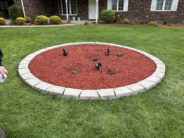 Mulch bed with fresh plantings at brick home